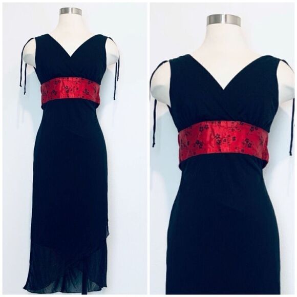 Vintage Up Front Y2K Black Asymmetrical Red Dress Medium Wrap - Picture 1 of 8